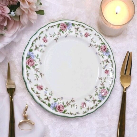 Epoch MORNING ROSE Salad Plate Floral Roses Green Scalloped Cottage Replacement - Picture 3 of 10